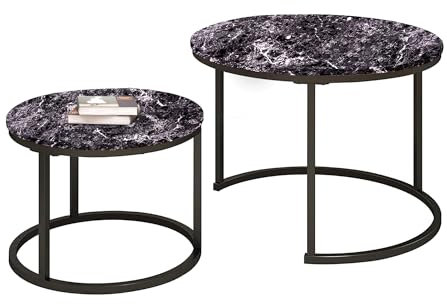 SG Traders Round Nesting Coffee Table Set - Wooden Nest of Tables, Stackable Round Coffee Table for Living Room, Industrial, Stylish Nested Tables - Set of 2 (Black Marble Effect)