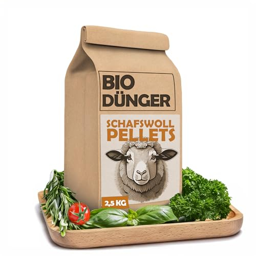 Schafwollpellets - Bio Dünger aus Schafwolle - Universaldünger und Langzeitdünger für Erdbeer Dünger und Bio Tomatendünger - Organischer Gemüsedünger - Schafwolldünger aus Wollpellets - 2,5 KG