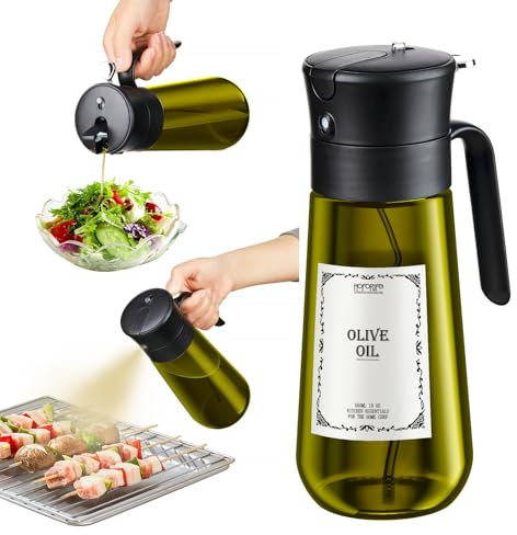 hoforife Botella de vidrio de aceite de oliva de 550 ml, dispensador de aceite de oliva 2 en 1 para cocinar, utensilios de cocina para freidora de aire (bloqueo de luz)