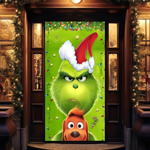 dellyy Christmas Door Banner, Weihnachten Tür Abdeckung, Grinch Weihnachtsdekorationen, Weihnachten Tür Hängen, Weihnachten Deko Outdoor, Weihnachten Hintergrund Tür Hängen (Grün-Grinch)