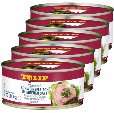TULIP 5x 300 g Schweinefleisch im eigenen Saft | Fleisch Schwein 94% | Frühstücksfleisch in der Konserve | Ideal als Belag oder zum Anbraten | Konservenfleisch