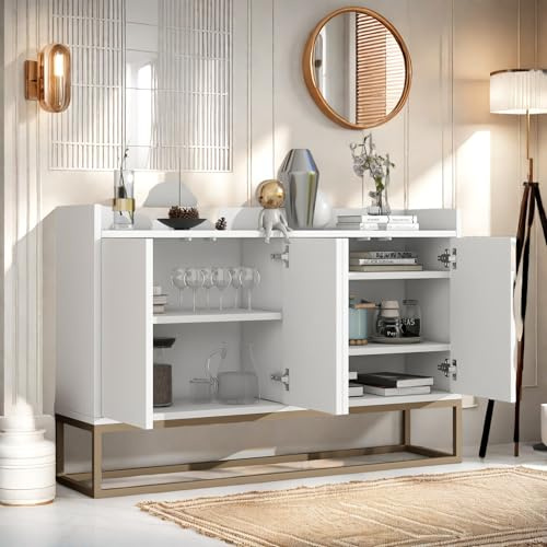 LKPOMI Sideboard 120cm breit, Küchenschrank mit 4 Türe, Moderne Buffetschrank, griffloses Design, Verstellbares Regal und Metallbeine, 120 x 30 x 80 cm (weiß)