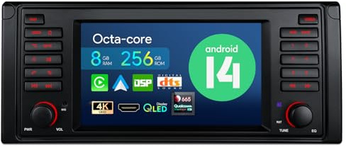 XTRONS 7 Zoll QLED IPS Android 14 Autoradio Qualcomm 665 Octa Core 8GB 256GB Eingebautes 4G LTE Car Play Android Auto HDMI-Ausgang WiFi GPS Bluetooth 5.0 Optional DAB OBD Für BMW E39 M5