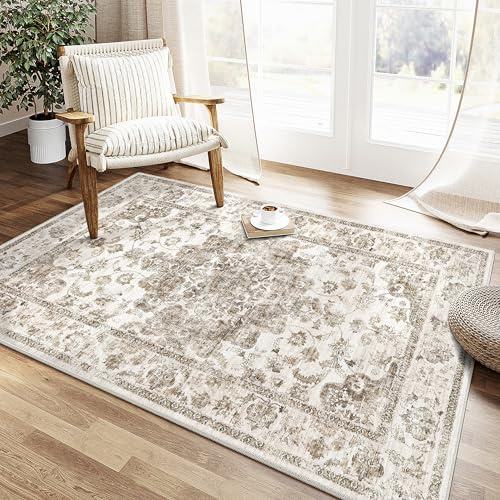 HUGEAR Vintage Teppich Wohnzimmer 120x170cm Braun Waschbar | Waschbarer Retro Teppich,Weich,Rutschfest Kurzflor,Groß,für Wohnzimmer,Schlafzimmer, Esszimmer,Büro,Carpet,Teppiche