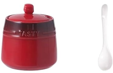 AD-BCrbgen Ceramic Salt Pot Sugar Bowl with Lid Spice Jars Dressing Dispensers Countertop Storage Container with Spoon for Kitchen Seasonings(Red)