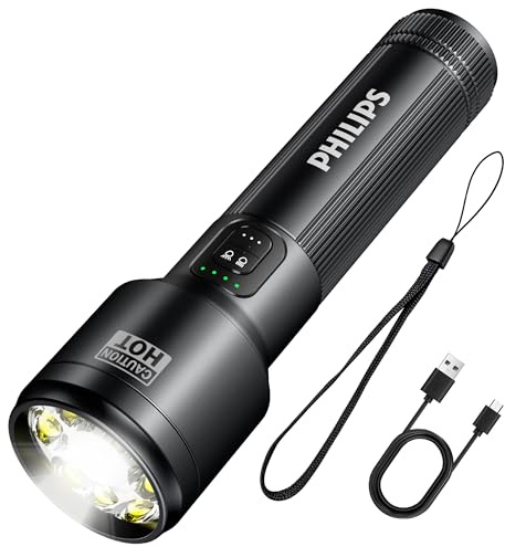 Philips SFL2154 Wiederaufladbare EDC Taktische Taschenlampe, 3500 Hohe Lumen Aluminium Tragbares Taschenlicht mit 15 Modi, Dreifache Lichtquellen für Außen-, Notfall- und Arbeitsanwendungen (Schwarz)