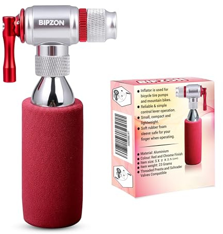 BIPZON CO2 Bike Tyre Inflator - Quick & Easy Cycling Tire Pump, Presta and Schrader Valve Compatible 12g, 16g, 20g & 25g Threaded Cartridges - For Road, MTB & Hybrid Bikes (Cartridges Not Included)