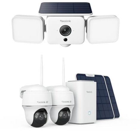 Reolink 4K PT Solar Überwachungskamera Aussen Set Outdoor Akku mit Home Hub, 2K Kabellose Flutlicht Kamera Akku, SolarEase