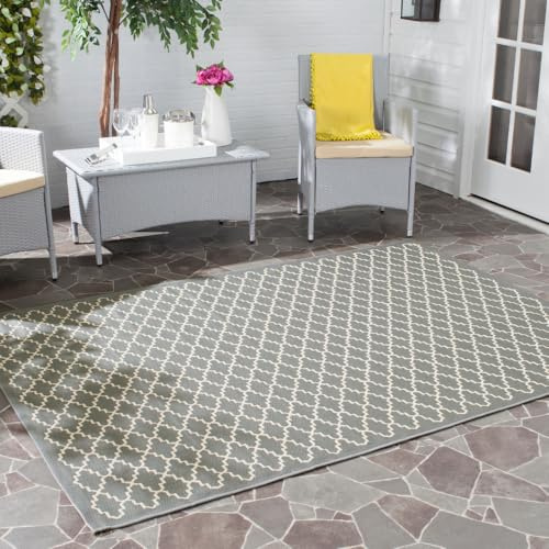 SAFAVIEH Geometrisch Teppich für - Wasserdicht - Innen - & Außenbereich - Courtyard Collection, Kurzer Flor, Anthrazit und Beige, 160 X 231 cm