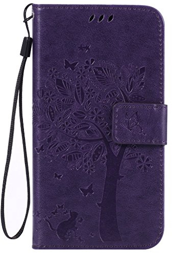 Fatcatparadise Coque Galaxy J3 2016/J310 [avec Protecteur d'écran en Verre Trempé], (Série de Chat et d'arbre) Rétro Emboss Premium Flip Housse Etui PU Cuir pour Samsung Galaxy J3 2016/J310(Violet)