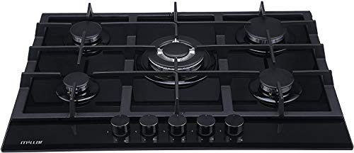 Millar GH7051TB - Piano cottura a gas su vetro, 5 fuochi, con supporto per padella in ghisa (70 cm)