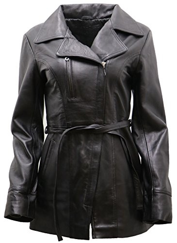 Women's Black, Brown, Tan Nappa Leather Long Biker Jacket with Belt