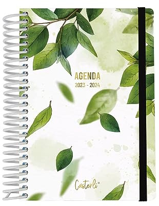 Casterli 84061 Schülerkalender 2023-24, Tagesansicht, A6 (11 x 16 cm), gefütterter Einband, Goldprägung und Gummi, innen Papier 70 g, Spiralbindung aus weißem Kunststoff.