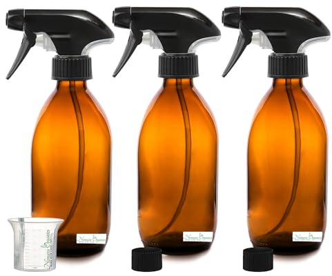 Nomara Organics Amber Glass Spray Bottles 300mL, 3 Pack- BPA Free, Refillable, Reusable Pump Containers for Organic Beauty or Kitchen, Bathroom Cleaning Products.