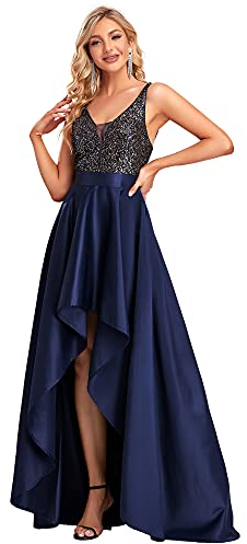 Ever-Pretty Damen V-Ausschnitt Ärmellos High Low Hohe Taille Cocktailkleider mit Pailletten Navy Blau 48