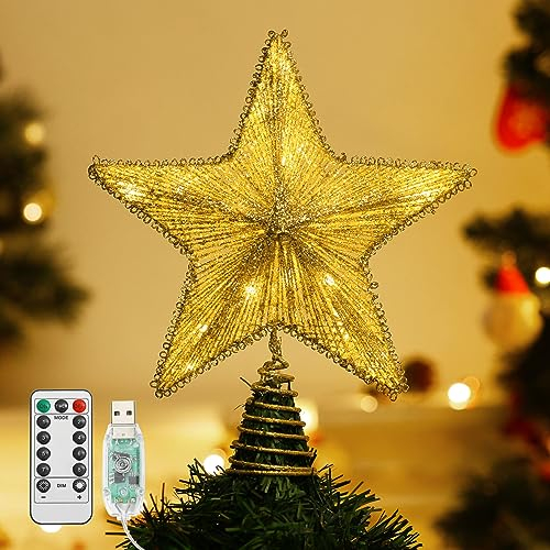 Lewondr Puntale Albero Natale Stella Punta Albero Natalizio con Illuminazione Luci LED a Batteria di Decorazione Natalizia Accessori Albero di Natale Punta per Albero di Natale Luci Calde, Champagne