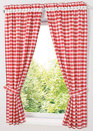Yaland Blickdichter Vorhänge mit Karo-Muster Landhaus Gardinen Wohnzimmer Gardinenschals mit Raffhalter (BxH 100x120cm, rot) 2 Stück