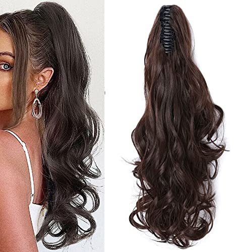 Une pièce Extension a Clip Cheveux Naturel Claw on Queue de Cheval Ombre Ponytail Postiche 45cm Bouclé Brun moyen