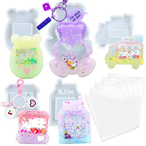 FUNSHOWCASE Resin Shaker Moulds Set Epoxy Jewelry Casting Supplies Claw Machine, Dessert Truck, Game Console, Bear, Milk 5 Silicone Trays with 5 Seal Films Large Height 2.3-3inch