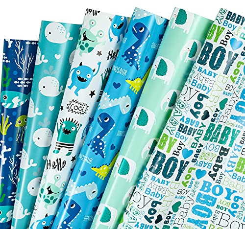RUSPEPA Baby Boy Wrapping Paper Sheet - Boy Schriftzug Und Dinosaurier Design Für Geburtstage, Party, Babypartys - 1 Rolle Enthält 6 Blätter - 44,5 cm X 1 m Pro Blatt