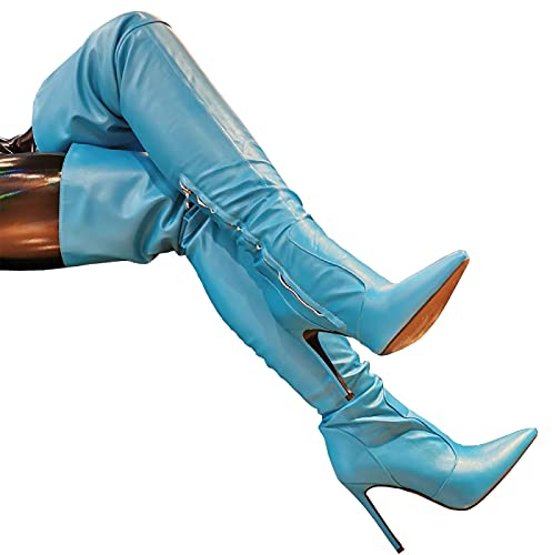 ZHENGRUI Stivali sopra il ginocchio da donna, Stivali alti alla coscia a punta con tacco sottile e tacchi alti, sexy, alla moda, per feste autunnali e invernali, blu-39