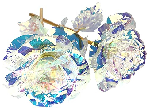 Enchante d Handgefertigte irisierende Folie künstliche Rose Blume, Galaxie Ewigkeit Rose, bestes Geschenk für Muttertag, Valentinstag, Überraschung für Frauen, Tochter, Freundin (Regenbogen x 2)