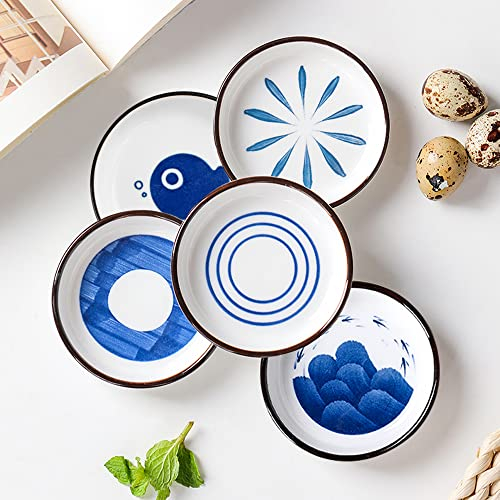 YAANBUNB 5 pcs Mini Cuencos Ceramica Cuencos Aperitivos Pequeños de Estilo Japonés Plato de Salsa de Soja Cuencos Inmersion para Tapas, Postres, Frutos Secos y Salsa de Soja - Azules y Blancos