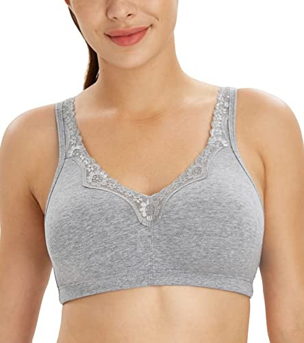 Lemorosy Comfort Plus Size Women's Lace Cotton Bras Full Coverage Non-Foam Wireless Underwear(Grey,46D)
