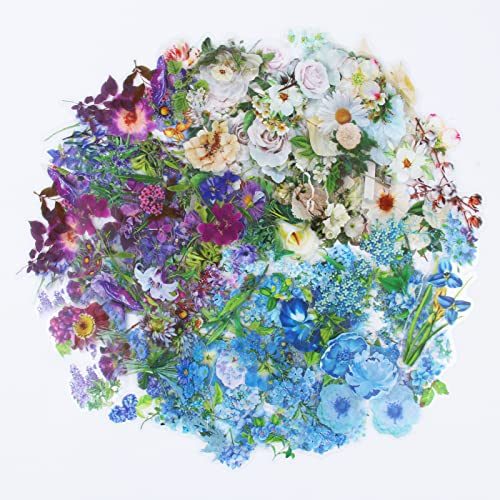 RISYPISY Vintage Aesthetic Floral Aufkleber 300PCS PET Transparent Blau Lila weiß Blumen Pflanze Materialien Scrapbooking Zubehör für tägliche Planer Bullet DIY Crafts Geschenk Umschlag