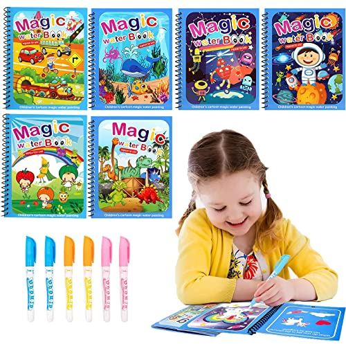 Wassermalbuch 6 Stück Zaubermalbuch mit Wasser Water Magic Malbuch Malbuch mit Wasserstift Wasserbilder Kinder für Kinder Ab 3 Jahren zum Zeichnen