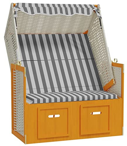 Hommdiy Strandkorb mit Dach Sonnenschirm Poly Rattan und Massivholz Weiß & Grau, 115 x 55 x 133/151/156 cm (L x B x H)