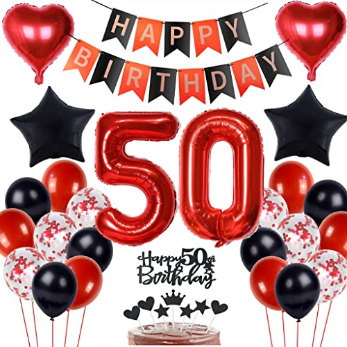 50 Geburtstag Deko Schwarzes Rot, Tortendeko 50. Geburtstag Dekoration Frau, Luftballon 50 Rot Schwarz Mann, Geburtstagsdeko 50 Jahr Frau, Tortendeko 50 Jahre