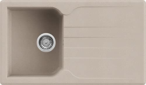 Evhoc Lavello Cucina Sopratop ADHOC S, 1 Vasca con Gocciolatoio, Lavandino Reversibile in Kuarzite, Piletta Inclusa, Made in Italy, Avena, 86x50 cm