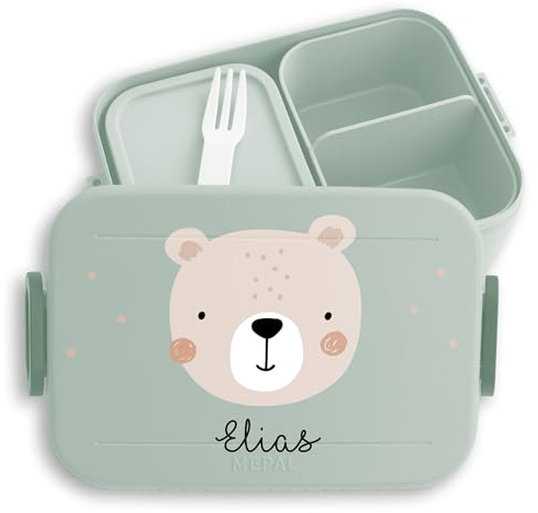 Kinder Bento Box Midi Lunchbox für Mepal Bentobox - Boho Bär Brotdose Bärenmotiv I Bären I Bear - 900 ml - Sage Grün - kita geschenke einschulung jause snackbox dose name frühstücksdose
