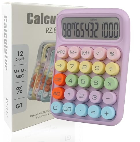 Envysun Calculadora de dulces colorida, mecánica, bonita pantalla LCD grande de 12 dígitos, botón redondo grande, fácil de presionar, para escuela, oficina, negocios, hogar, apagado automático, con