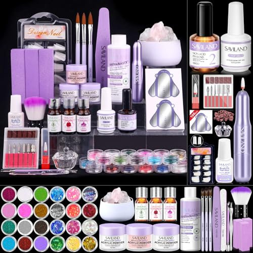 Saviland Professionelles Acryl Nagelset mit elektrischem Nagelbohrer – 45g rosa/klar/weiß Acryl Pulver und 120g Acryl Liquid Set, Nagel Set, Acryl Set für Anfänger zu Hause Salon