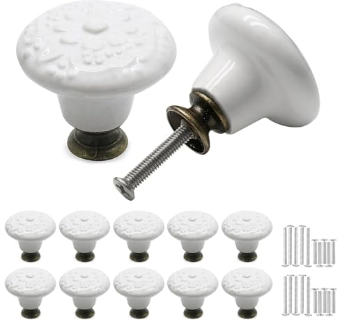 Misuyue 10 Stück Möbelknöpfe, Weiß Keramikknöpfe für Möbel, Schrankknöpfe Vintage aus Keramik, Blumen Muster Türknöpfe für Möbel Kommode Schuhschränke Küchenschrank