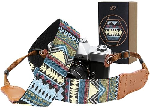 Padwa Lifestyle Camera Strap - 2 Wide Cowhide Head Cotton Camera Straps for Photographers,Vintage Universal Neck & Shoulder Camera Straps for All DSLR(Cool Ethnic Style Green)