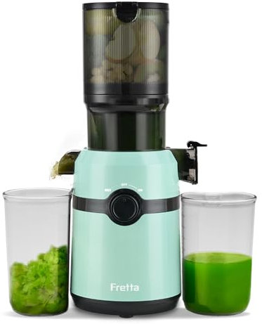 Extracteur de jus, Fretta Extracteur de jus de fruits et légumes, Slow Juicer Grand diamètre de 108 mm, 1L Très grande capacité, Pression à Froid, Facile à nettoyer, Sans BPA,Bleu