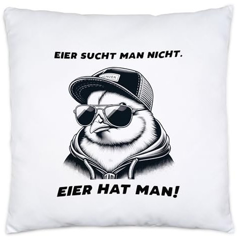 Hey!Print Eier sucht Man Nicht Eier hat Man Cooles Küken Kissen Inkl. Füllung - Humorvolles Design