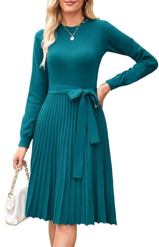 Arach&Cloz Strickkleid Damen Herbst Plissee Langarm Winterkleider Rundhals Casual Herbstkleid Pulloverkleid