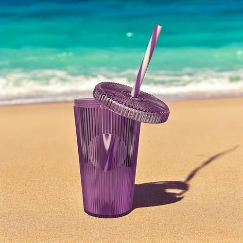 BATIK Gobelet à l'unité strié avec paille - Violet, Neutre