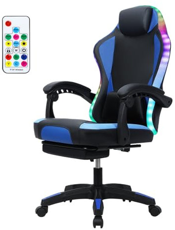 Wilitto Gaming Chair, Blue, Modern, Ergonomic, High Back with Footstool, LED RGB Light, Metal, Adult Gaming Chair