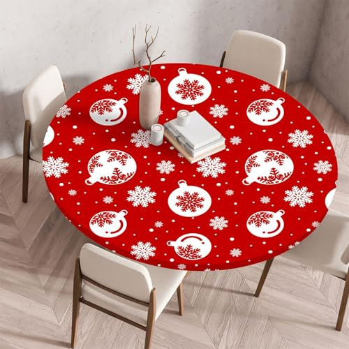Morbuy Elastische Tischdecke Wasserdicht, Weihnachten Schneeflocke 3D Drucken Tischdecke mit Gummizug Rund, Tischdecken Tischtuch Gartentischdecken (Durchmesser 90cm,Weihnachtskugel)