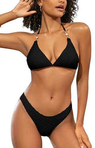 SHEKINI Triangel Bikini Damen Set Sexy Cheeky Bikini Damen Neckholder Bikinis für Damen(M, Schwarz)