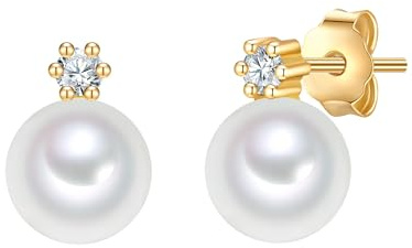 Valero Pearls Damen Ohrringe 925/- Sterling Silber gelbgold | gelbvergoldet 14 Karat, Ohrstecker, Zirkonia, weiß, Süßwasser-Zuchtperle, ca. 6,0 - 6,5 mm, weiß, rund