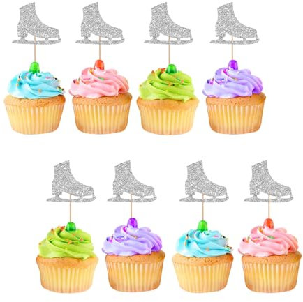 24pcs Ice Skate Cupcake Toppers, Skating Cupcake Toppers for Kids, Silver Glitter Ice Skating Cake Decorations for Ice Sports Birthday/Winter Party Supplies