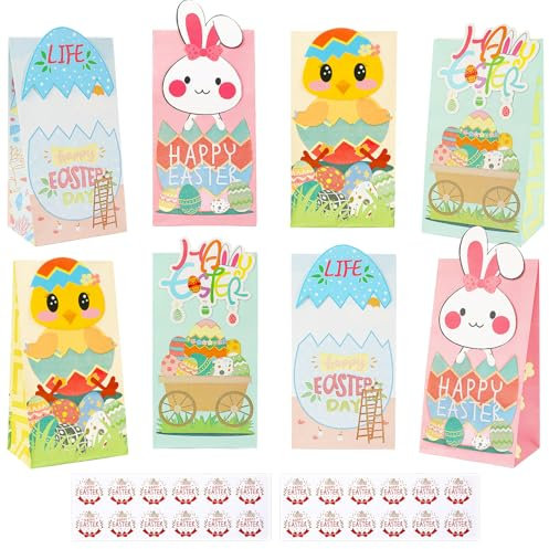 DTOFOOT Ostertüten zum Befüllen, 12 Stück Ostern Papiertüten Geschenktüten Ostertüten Süßigkeiten Tüten mit Aufkleber Osterhasen für DIY Ostern Kinder Party Deko Geschenkverpackungen