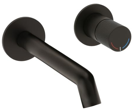Milano Lune Wall Mounted Bathroom Basin Mixer Tap Round Ribbed Handle - Black