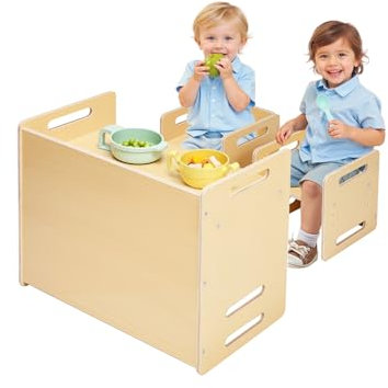 VEVOR Juego de Mesa y Silla Montessori para Destete Incluido Dos Sillas 290 x 298 x 298 mm y una Mesa de Actividades 665 x 360 x 520 mm para Leer, Dibujar, Comer y Jugar para Niños, Color Madera